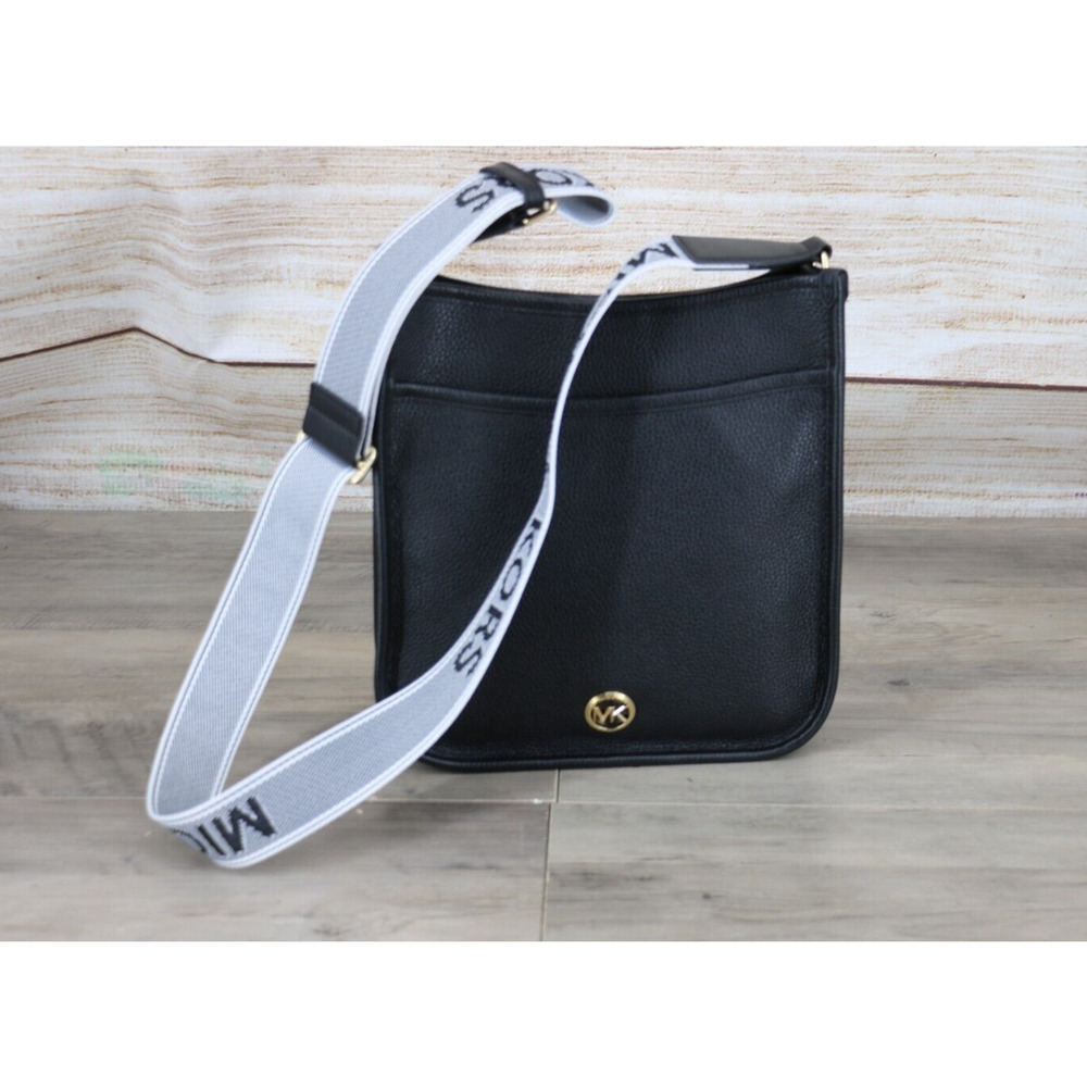 Michael Kors Luisa Leather Large Messenger Crossbody Bag Purse Black Gold